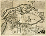 Johann Christoph Brotzes karta som visar den befästa staden Narva, den ryska befästningsvallen och de svenska truppförflyttningarna.