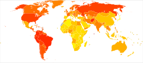 Disability-adjusted life year for neuropsychiatric conditions per 100,000 inhabitants in 2004
<2,200
2,200-2,400
2,400-2,600
2,600-2,800
2,800-3,000
3,000-3,200
3,200-3,400
3,400-3,600
3,600-3,800
3,800-4,000
4,000-4,200
>4,200 Neuropsychiatric conditions world map - DALY - WHO2004.svg