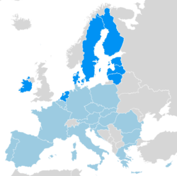 Карта Европы с членами ЕС голубым цветом и членами Нового Ганзейского союза синим цветом