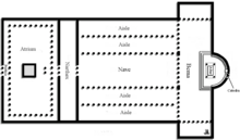 Rome, 4th cen, total length about 653'; interior of the basilica 208' X 355'; height of nave over 105'