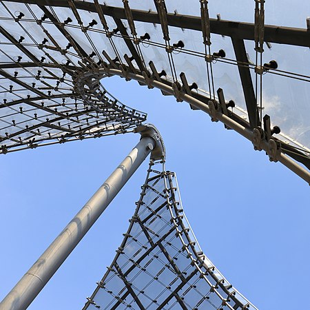 图为德國慕尼黑奧林匹克公園張拉膜屋頂的細節照片。該公園由弗萊·奧托所設計，為1972年夏季奧林匹克運動會所興建，位於慕尼黑附近的歐伯維森菲爾德（德语：Oberwiesenfeld）。奧運結束後，該公園繼續開放使用，並做為文化、社會及宗教等活動的舉辦地。