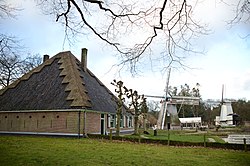 Hollandse stolp, in het Nederlands Openluchtmuseum, waarbij achter de linkergevel de stal ligt.