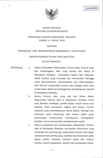 Peraturan Daerah Kabupaten Sekadau Nomor 08 Tahun 2018 tentang Pengakuan dan Perlindungan Masyarakat Hukum Adat