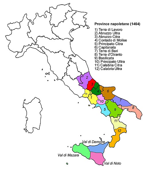 Karta över giustizierati i Kungariket Bägge Sicilierna år 1454