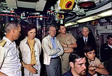 A picture of the interior of a Submarine, with seven people visible (including President Carter and his wife Rosalynn)