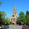 View east along Leckford Road to the former church St Philip and St James Church on Woodstock Road, now the Oxford Centre for Mission Studies.