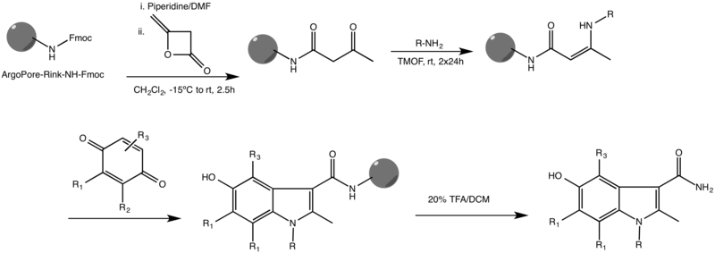 Descripción del sólido-realizar por etapas Nenitzescu indole síntesis