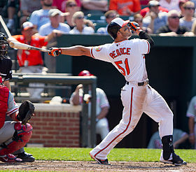 Pearce batting for the Baltimore Orioles in 2012 Steve Pearce on June 10, 2012.jpg