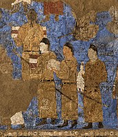 Эмиссары династии Тан при дворе Вархумана в Самарканде несут шёлк и нить коконов тутового шелкопряда, около 655 г. н. э., фрески Афрасиаба, Самарканд
