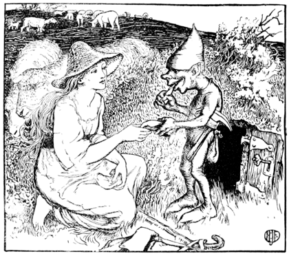 black and white illustration of a young woman kneeling beside a small gnome-like being to hand him a piece of flatbread next to his mound while sheep mill about in the background. The young woman has long light-colored hair loose under a straw hat. She wears a simple dress with a ragged neckline and loose sleeves and holds another piece in her other hand resting in her lap. Next to her knees is a shepherds staff with the strap of a bag tangled around it. The little man has is eating one of the breads. He has pointed ears and no obvious clothing except his pointy cap and a belt under his arms with a pick in it, but has wrinkles like he's wearing a bodysuit with a pointed toes. The mound is covered in grass and heather and has a small door leading into it.