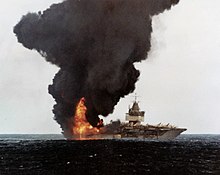 View of Enterprise's stern during the fire, January 1969 USS Enterprise (CVN-65) burning, stern view.jpg