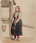 Ung kvinna i vardagsdräkt vid en brunn, Delsbo, 1840. Akvarell av J.W. Wallander - Nordiska museet - NMA.0070069 (1)