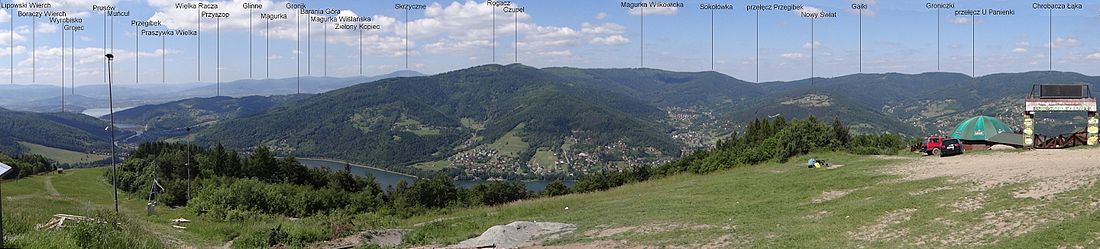 Panorama widokowa z góry Żar w kierunku południowym i zachodnim