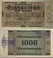A Deutsche Rentenbank 1000 járadékmárkás (Rentenmark) bankjegye 1923-ból, érvénytelenítő ("Wertlos" - "értéktelen") felülbélyegzéssel.