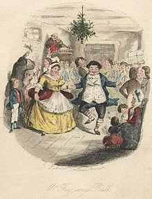 Mr. and Mrs. Fezziwig dance in a vision shown to Scrooge by the Ghost of Christmas Past. A Christmas Carol - Mr. Fezziwig's Ball.jpg