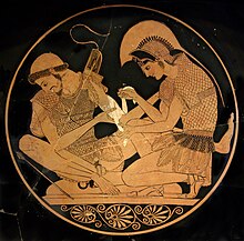 Achilles tending Patroclus wounded by an arrow (Attic red-figure kylix, c. 500 BC) Akhilleus Patroklos Antikensammlung Berlin F2278.jpg
