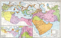 Multi-color map of the Merranean and the Middle East, showing the phases of Muslim expansion to the 10th century