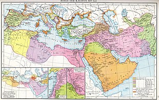 Карта Северной Африки, Южной Европы, Западной и Центральной Азии с разными цветовыми оттенками, обозначающими этапы расширения халифата.