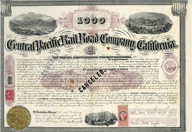 Anleihe der Central Pacific Railroad über 1000 $, ausgegeben am 1. Januar 1867 zur Finanzierung des Baus der transkontinentalen Eisenbahn, Kapital und Zinsen zahlbar in Gold in New York, original signiert von Leland Stanford als Präsident der Eisenbahngesellschaft