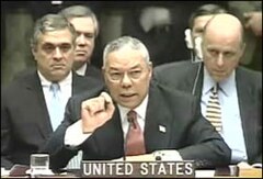 February 5, 2003 - United States Secretary of State Colin Powell holding a model vial of anthrax while giving the presentation to the United Nations Security Council. Powell-anthrax-vial.jpg