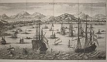 Gravure montrant des bateaux dans un port.