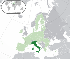 Položaj  Italija  (dark green) – on the European continent  (light green & dark grey) – in the Evropska unija  (light green)  —  [Legend]