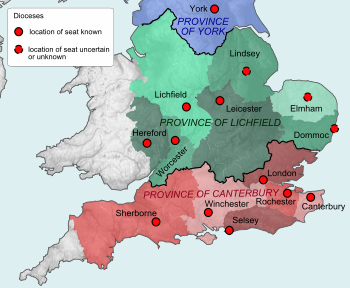 Map showing the dioceses of southern England during Offa's reign. The bold lines show the presumed boundaries between the provinces of Canterbury, Lichfield and York. England diocese map Offa.svg