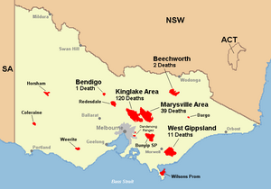 A map of the fire events and fatalities on 7 February 2009 that were the main focus of the Royal Commission