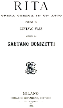 Description de l'image Gaetano Donizetti - Rita - title page of the libretto - Milan 1885.png.