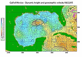 A map of water heights in the Gulf of Mexico shaded from blue to yellow to orange (lowest to highest).