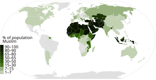 Muslim Percentage by country, 2020. Islam percent population in each nation World Map Muslim data by Pew Research.svg