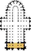 Grob schematisierter Grundriss des Kölner Domes auf Basis diverser alter Grundrisse nachgezeichnet. Westfassade und Turmhallen farblich hervorgehoben