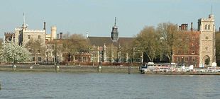 The Archbishop of Canterbury's official London residence and office is Lambeth Palace, photographed looking east across the River Thames Lambeth Palace London 240404.jpg