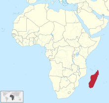 A map showing Madagascar (highlighted) within modern-day Africa. Madagascar in Africa.svg