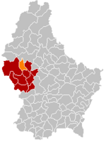 Комуна Валь (помаранчевий), кантон Реданж (темно-червоний) та округ Дикірх (темно-сірий) на карті Люксембургу