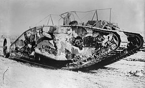 The first tank to engage in battle, the British Mark I tank (pictured in 1916) with the Solomon camouflage scheme Mark I series tank.jpg