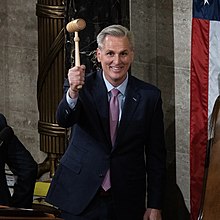 Kevin McCarthy became the first Speaker to be successfully removed from office in October 2023 McCarthy Holding Gavel After Speaker Election.jpg
