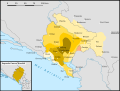 Evoluzzjoni territorjali bejn l-1830 u l-1944: Montenegro fis-seklu 18 (bl-isfar skur), Espansjoni sal-1830, Espansjoni 1830-1859, Espansjoni 1878, Espansjoni 1913, Espansjoni effimera wara l-Ewwel Gwerra Dinjija (roża), Espansjoni wara t-Tieni Gwerra Dinjija (dawl isfar)