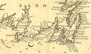 Часть карты 1744, показывающая Юго-Восточный Ньюфаундленд