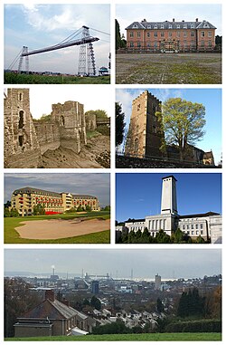 A montage of seven images of the sights of Newport. Clockwise from the top left is: an image of the Transporter Bridge in clear skies, the grounds and building at Tredegar House with the gates in the foreground, the remains of Newport Castle on the side facing the River Usk, St Woolos Cathedral and a tree in the foreground, The Celtic Manor resort building with the sand bunker of the golf course in the foreground, the Clock Tower of Newport City Council's Civic Centre, and a wide shot at the bottom of the skyline of Newport from a hill, with the river Usk in the far distance.