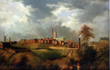 Oldham, painted during the Industrial Revolution by J. H. Carse. Many towns in Greater Manchester were built around the mills. Oldham From Glodwick.png