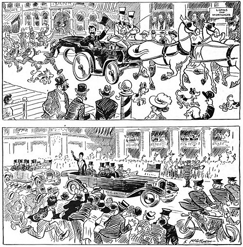 A newspaper cartoon showing in the first panel, a man in a top hat in a carriage pulled by horses, attended by sparse onlookers. The bottom panel shows Earhart waving from a limousine with police escort, and a crowd of ecstatic fans.