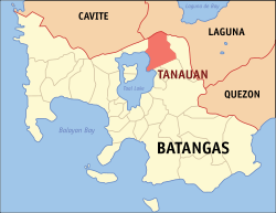Mapa ng Batangas pinakikita ang lokasyon ng Lungsod ng Tanauan.