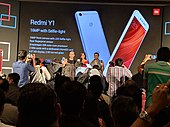 Manu Kumar Jain, VP and MD of Xiaomi India (left), Katrina Kaif (middle) at Redmi Y1 promotional event. Redmi katrina.jpg