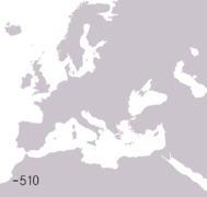 Fases de la espansión territorial de Roma, dende'l Lazio inicial hasta la máxima estensión en tiempos de Traxanu (sieglu II), y la posterior división del imperiu y cayida d'Occidente.