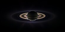 Saturn eclipses the Sun, as seen from Cassini. The rings are visible, including the F Ring. Saturn eclipse.jpg