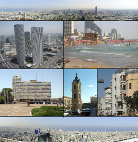 Din stânga sus: panorama Tel Avivului de nord-est văzută din Centrul Azrieli, complexul de zgârie-nori Centrul Azrieli, plaja Gordon, primăria, turnul cu ceas Jaffa, „Orașul Alb” și panorama Tel Avivului de sud-vest văzută din Centrul Azrieli