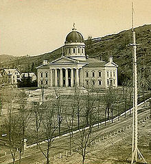 Circa 1870 stereograph view of the third state house showing Thomas Silloway's taller drum supported dome