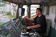 The operating controls of VL80R freight locomotive from Russian Railways. The wheel controls motor power. Vivan755.jpg