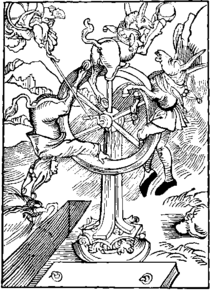 Wheel of fortune in Sebastian Brant`s Narrenschiff, woodcut by A. Durer Wheel of fortune.png